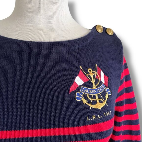 Ralph Lauren Jeans Co Womens Sweater Sz Medium Navy Blue Red Stripe Crested - Picture 6 of 9
